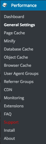 w3 total cache plugin options in wordpress admin