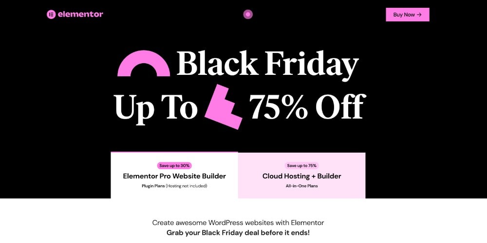 Elementor Black Friday sale up to 75% off.