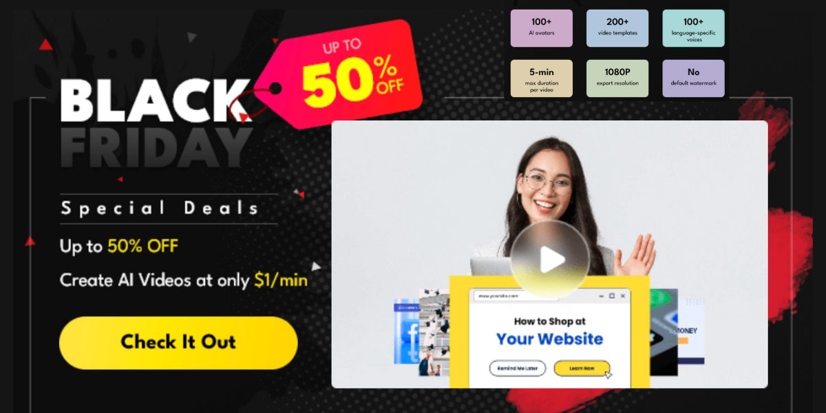 Black Friday sale banner with smiling woman and play button.