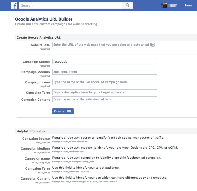 Facebook's UTM campaign builder for Google Analytics
