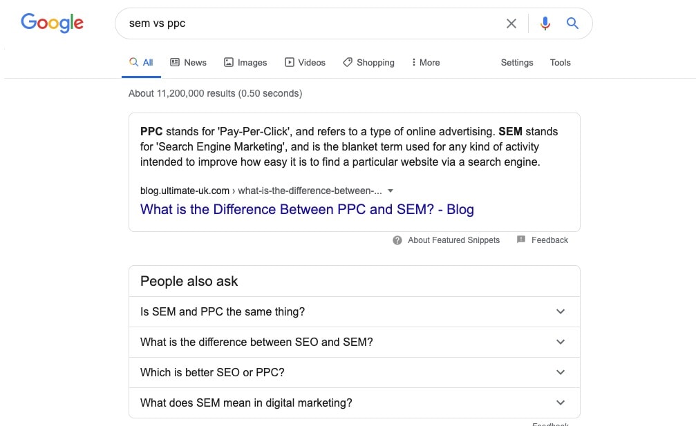 Google Search Results For Sem Vs Ppc With Snippet