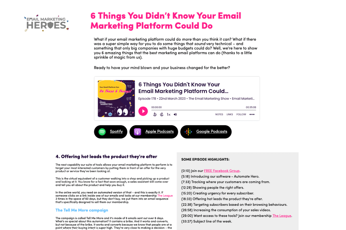 podcast show notes example email marketing heroes
