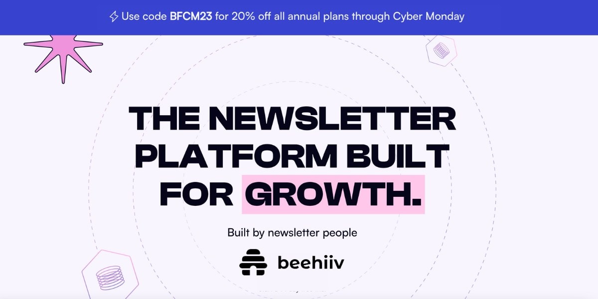 Newsletter platform promotion with Cyber Monday discount code.