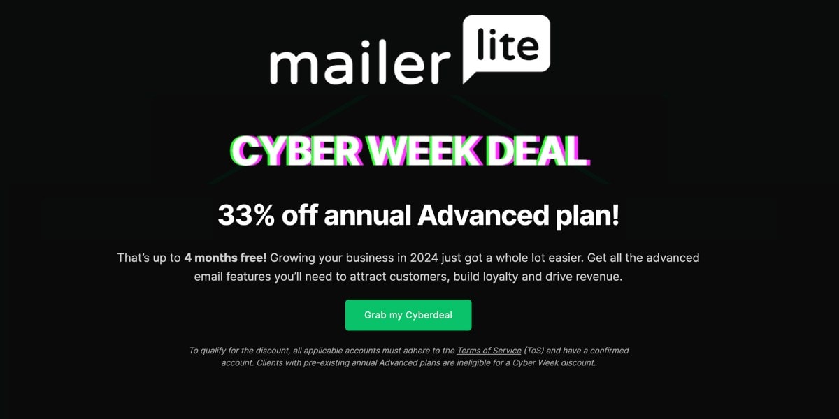 Cyber Week email marketing deal: 33% off MailerLite.