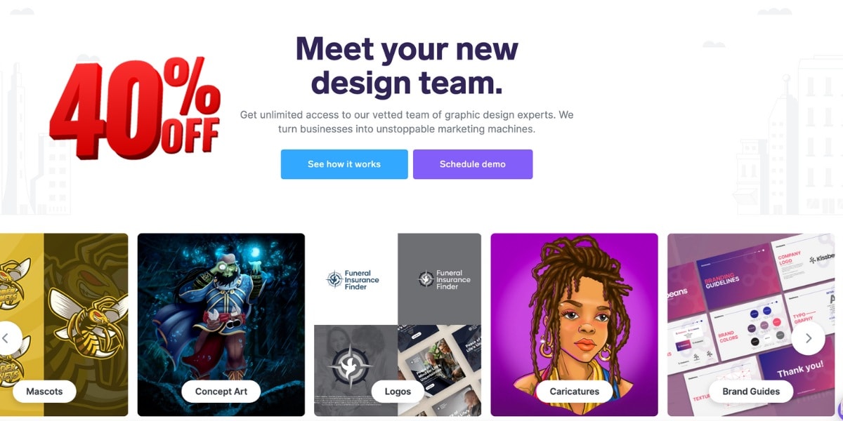 Graphic design team ad with promotional discount and portfolio.