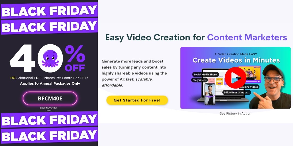 Black Friday sale banner and video creation tool ad.