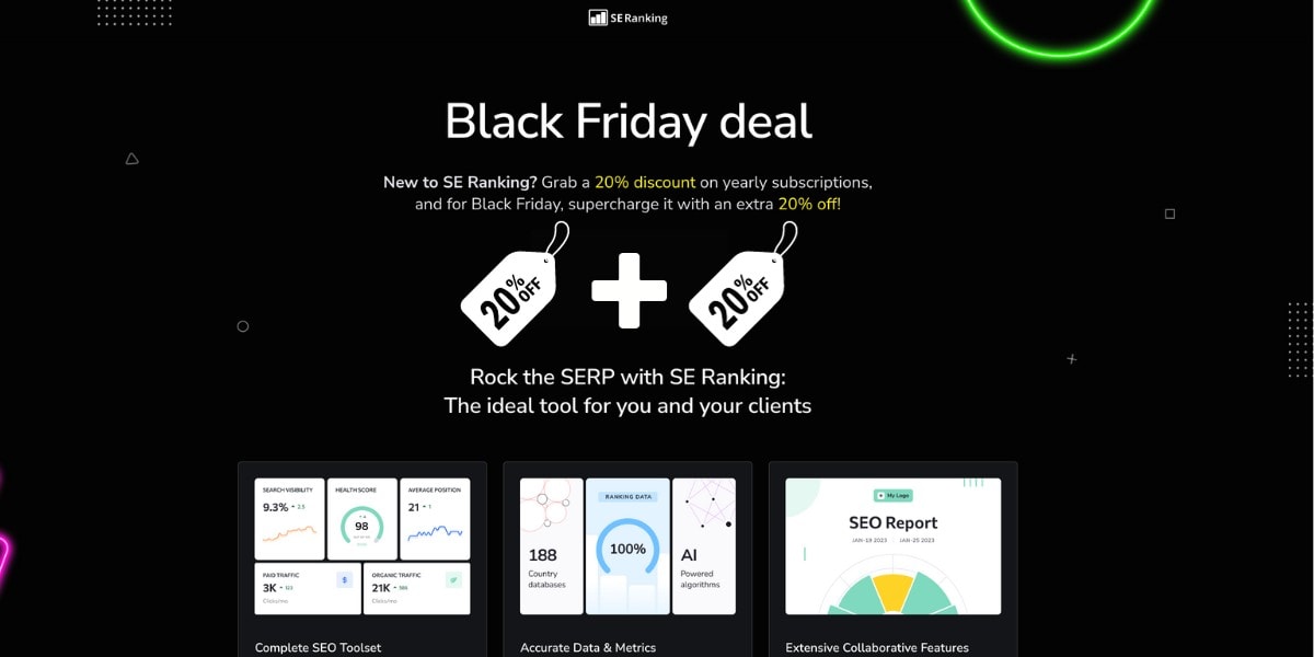 Black Friday SEO tool discount deal banner.