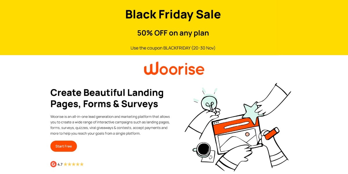 Black Friday Sale promo for landing page creation tool.