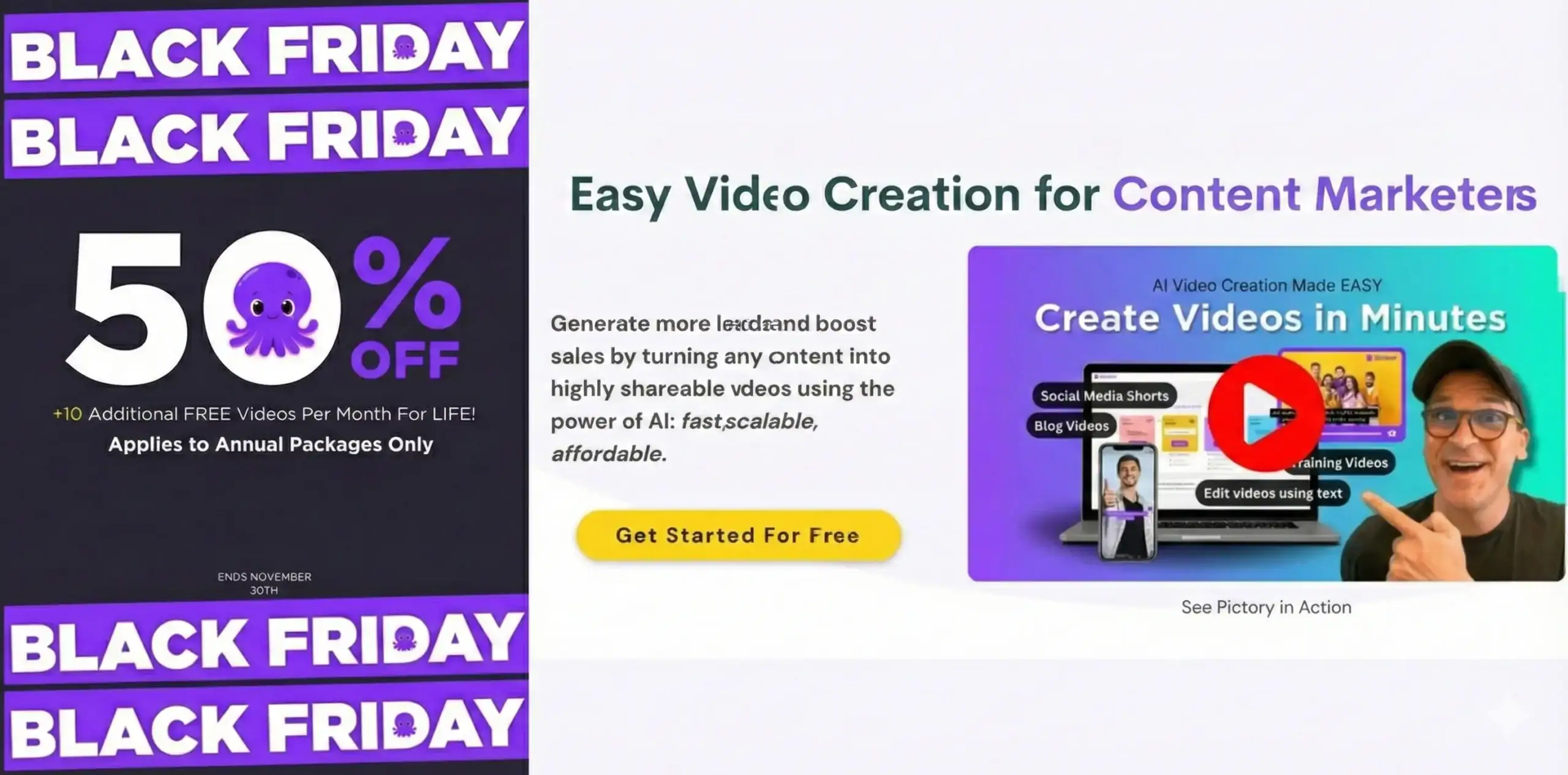 Black Friday sale: 50% off video creation services.
