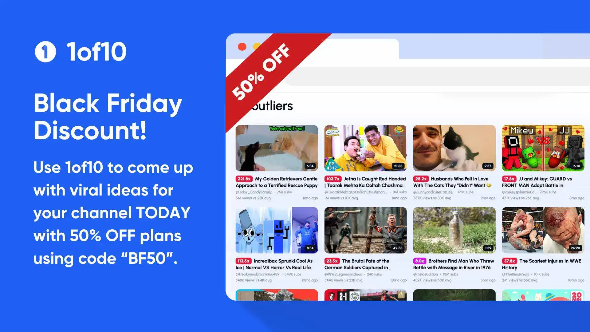 Black Friday discount, video ideas tool, 50% off offer