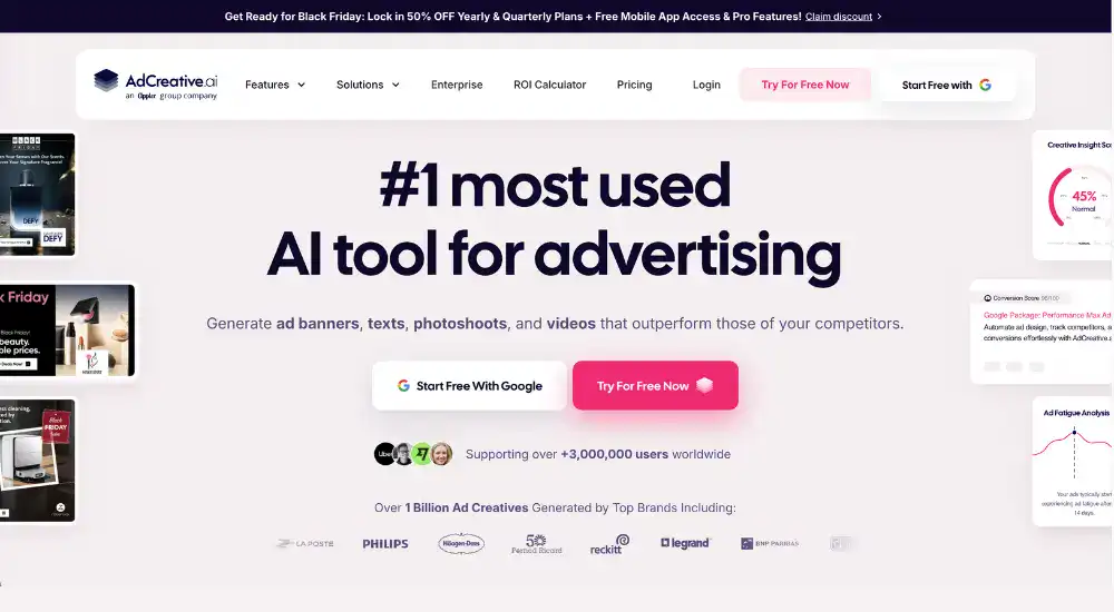 AdCreative.ai, top AI advertising tool homepage.