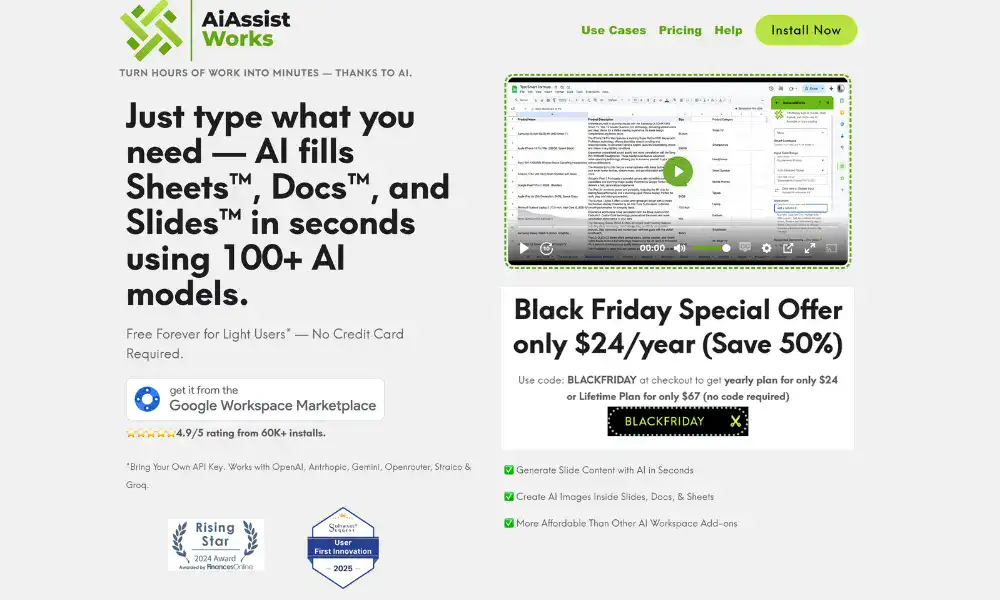 AI tool for filling Sheets, Docs, Slides quickly.