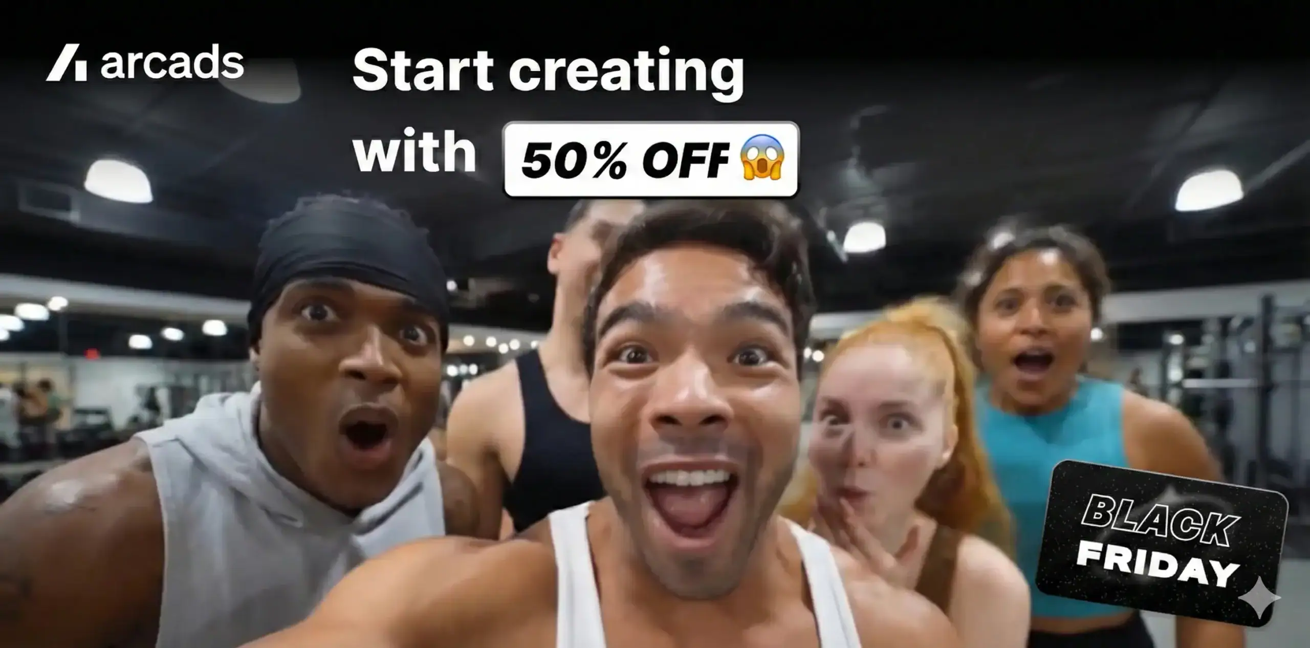 Excited people at gym for Black Friday sale.