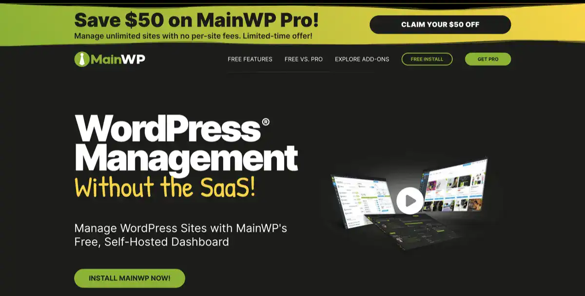 MainWP WordPress management dashboard promotion and offer