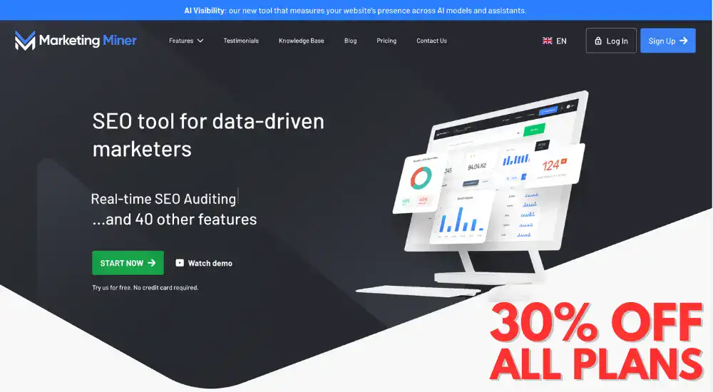 SEO tool promotion, 30% off all plans.