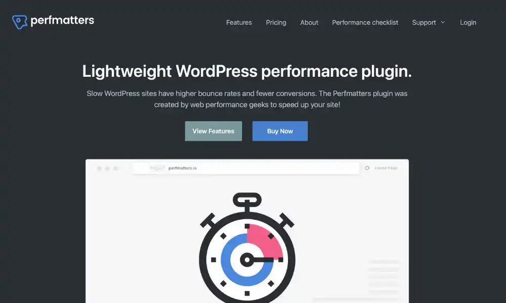 Perfmatters WordPress performance plugin homepage screenshot.
