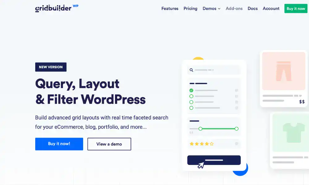 WordPress grid layout and filter tool advertisement.
