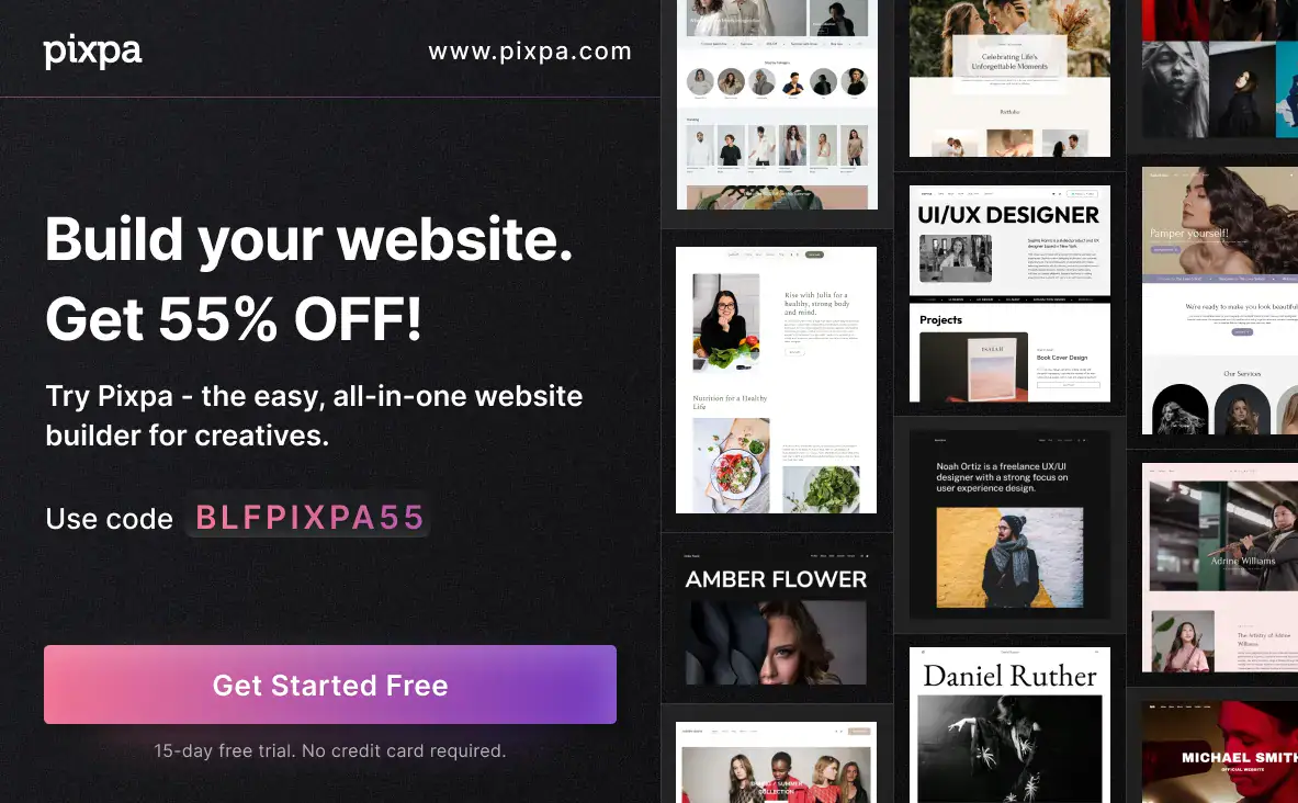 Pixpa website builder 55% discount offer.