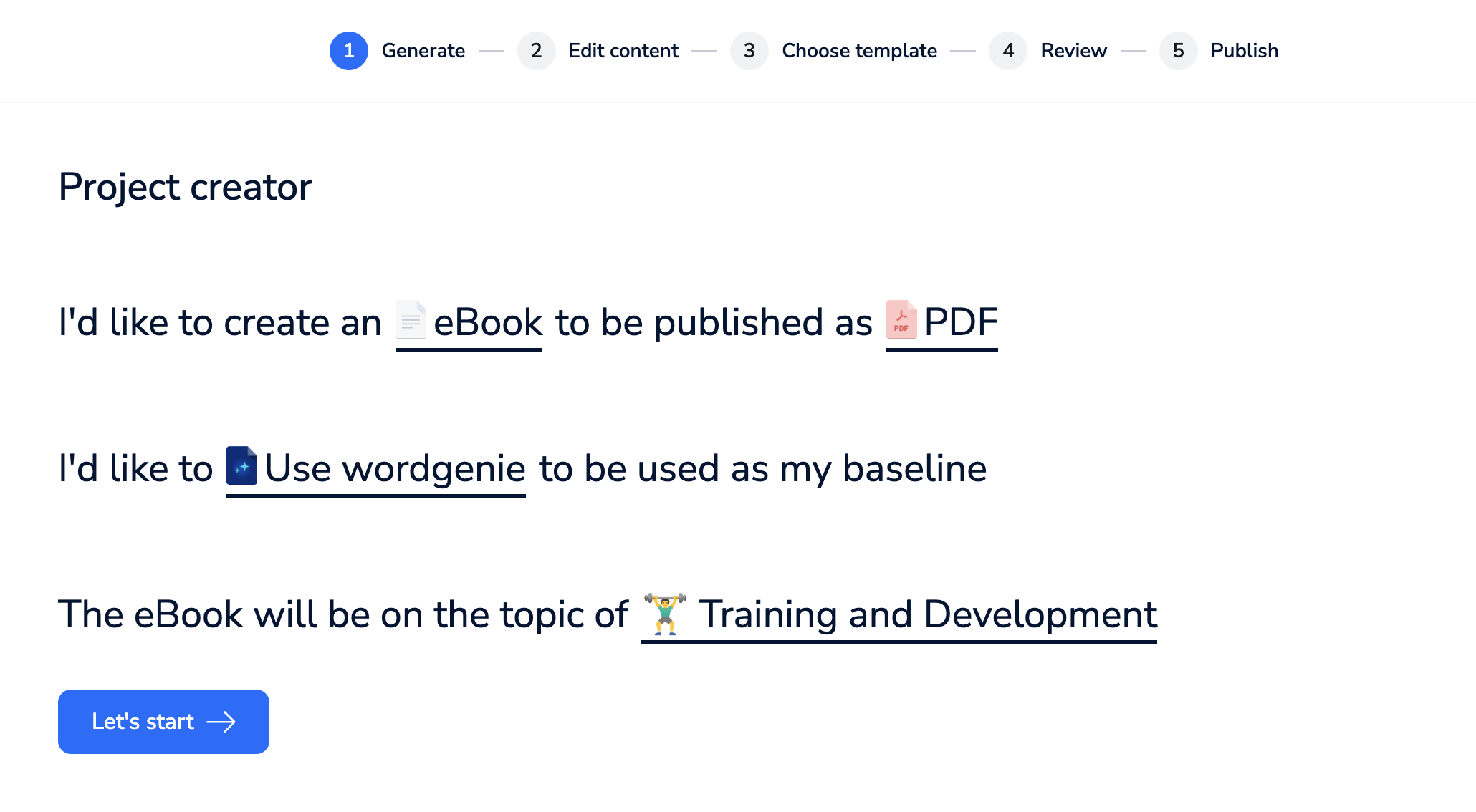 Designrr eBook creation process showing the generate, edit content, choose template, review, and publish workflow