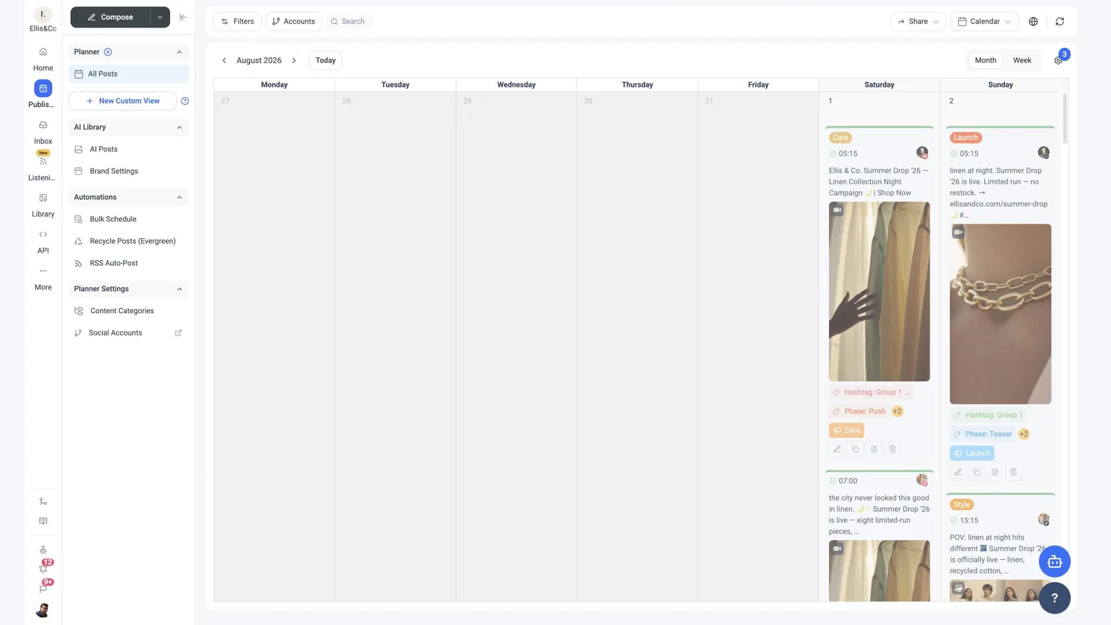 Current ContentStudio social media calendar with scheduled posts, categories, platforms, and campaign labels