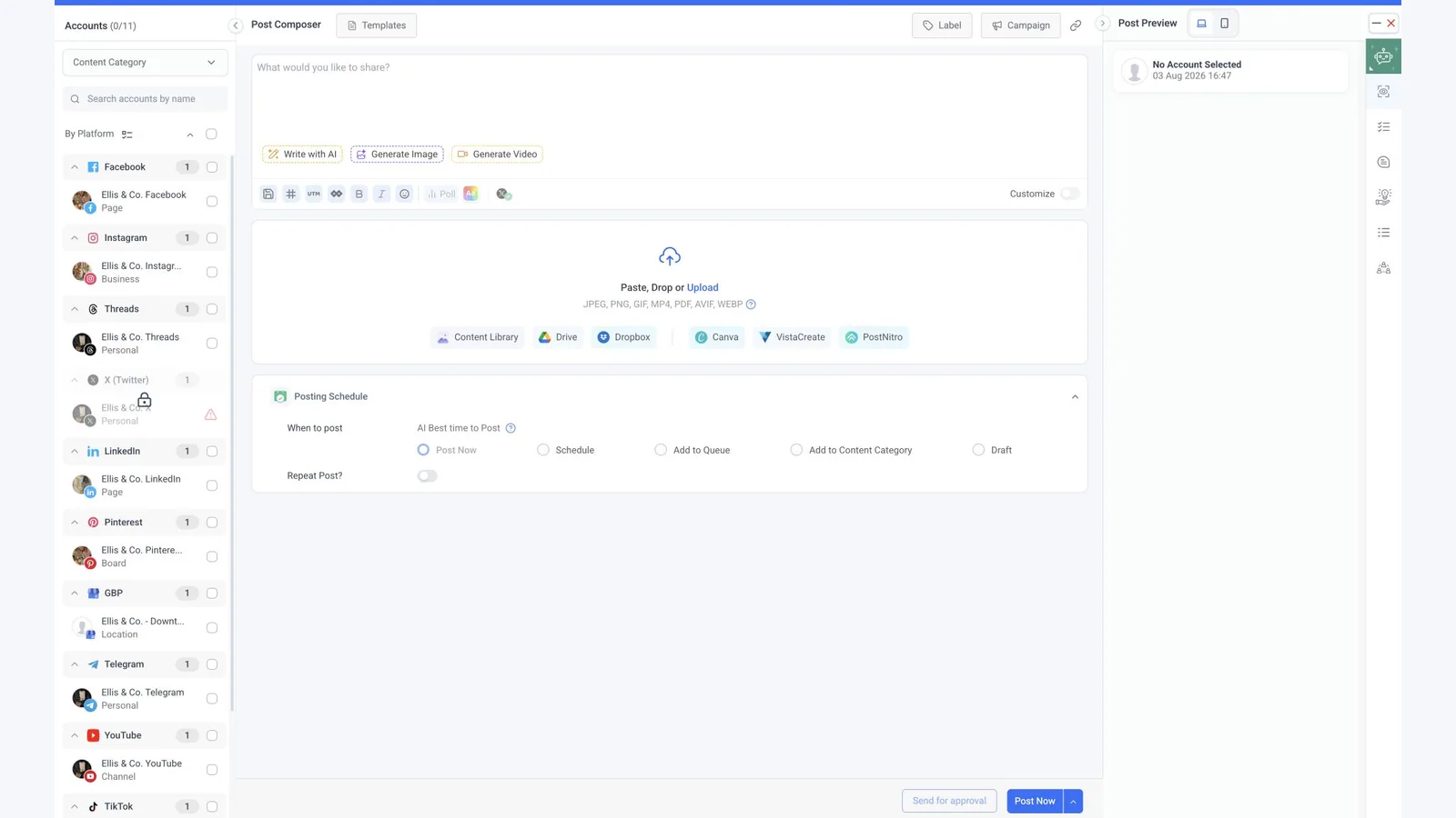Current ContentStudio post composer with social accounts, AI writing, image and video generation, post preview, and scheduling controls