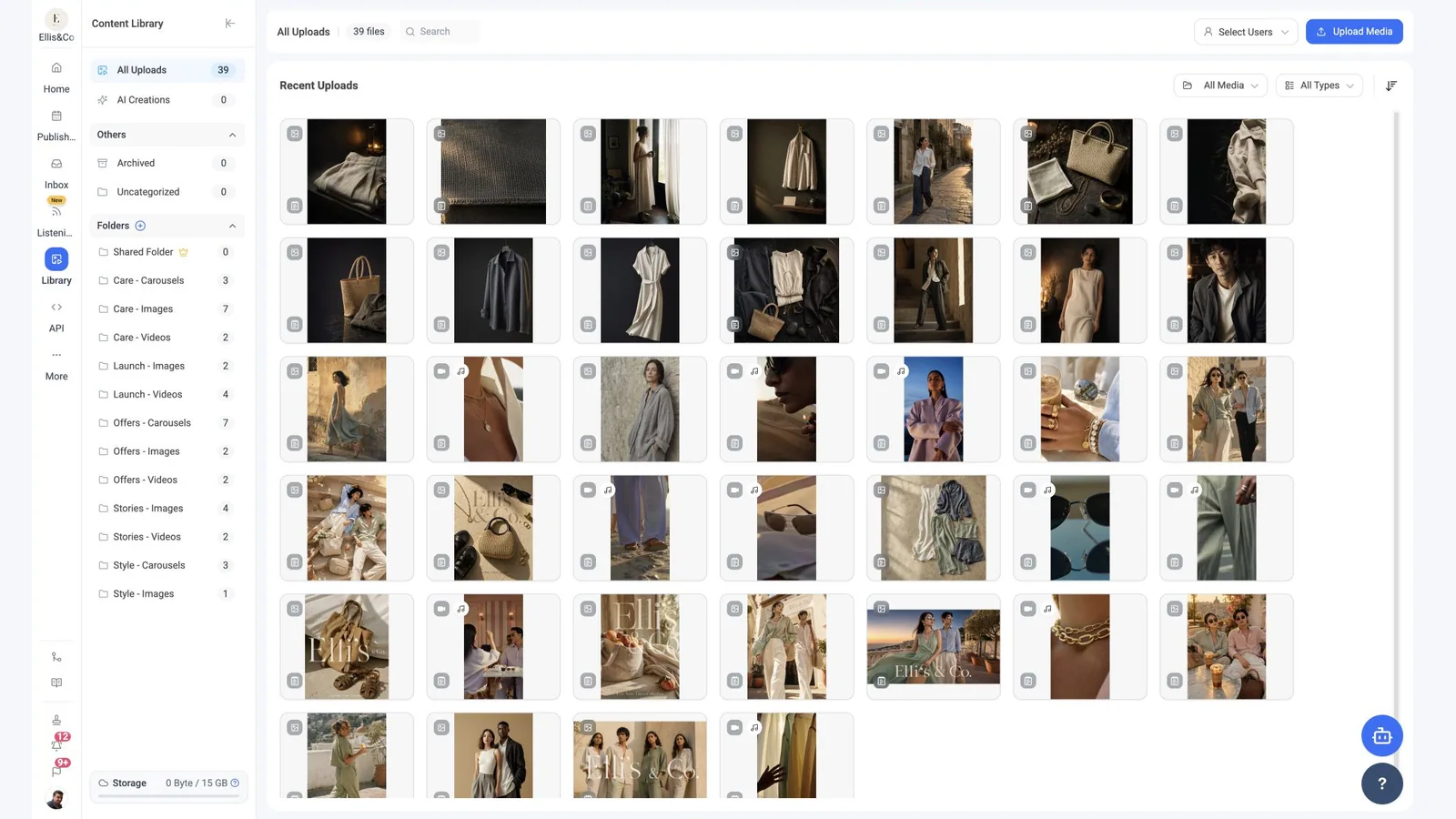 ContentStudio content library with campaign folders and reusable image and video assets