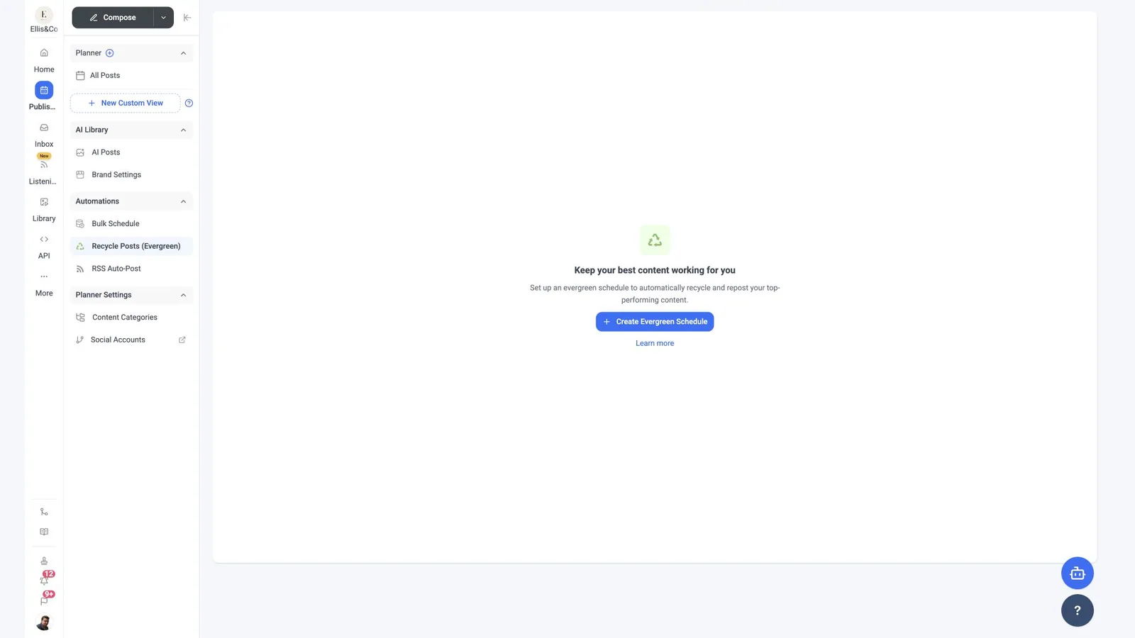 ContentStudio evergreen automation screen for recycling and reposting top-performing content
