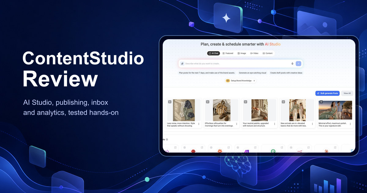 ContentStudio review showing the current AI Studio interface for content creation and social media management
