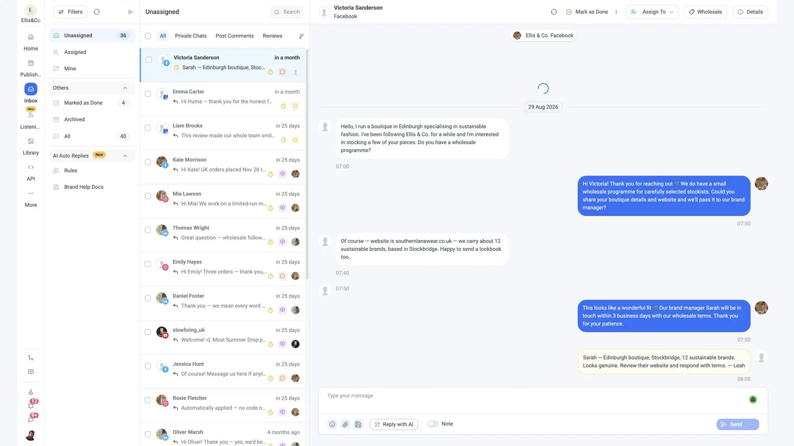 Current ContentStudio unified social inbox with message assignment, AI replies, notes, tags, and customer conversations