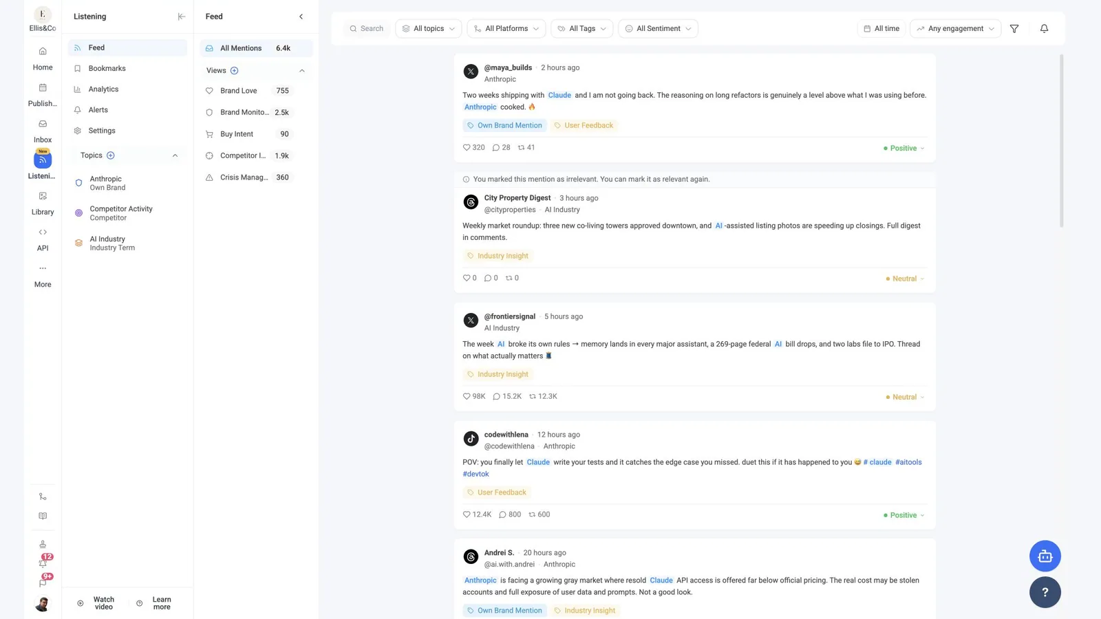 ContentStudio social listening feed showing monitored topics, sentiment, tags, and engagement