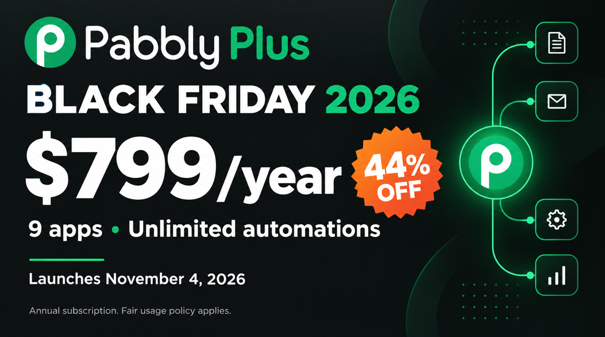 Pabbly Plus Black Friday 2026: $799 per year, 44% off, nine apps and unlimited automations. Launches November 4, 2026.